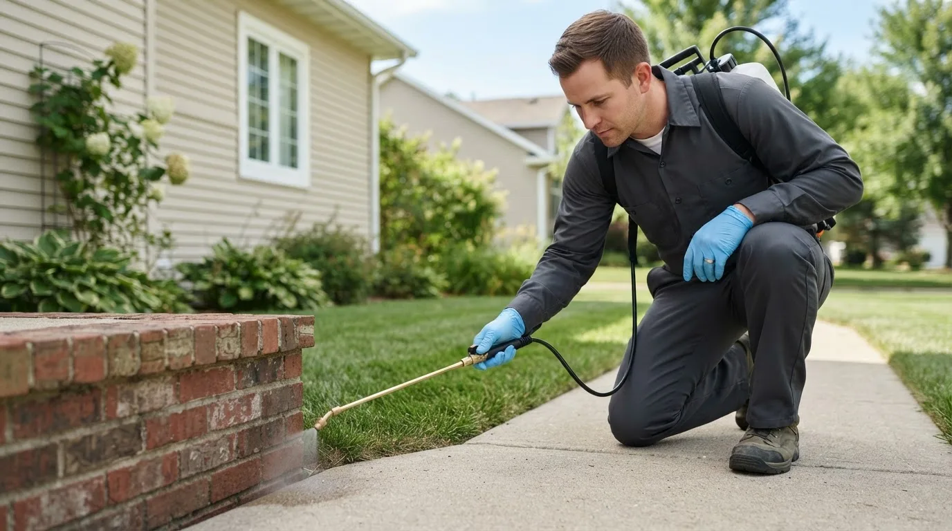 Pest control technician treating a home near Kensington, KS